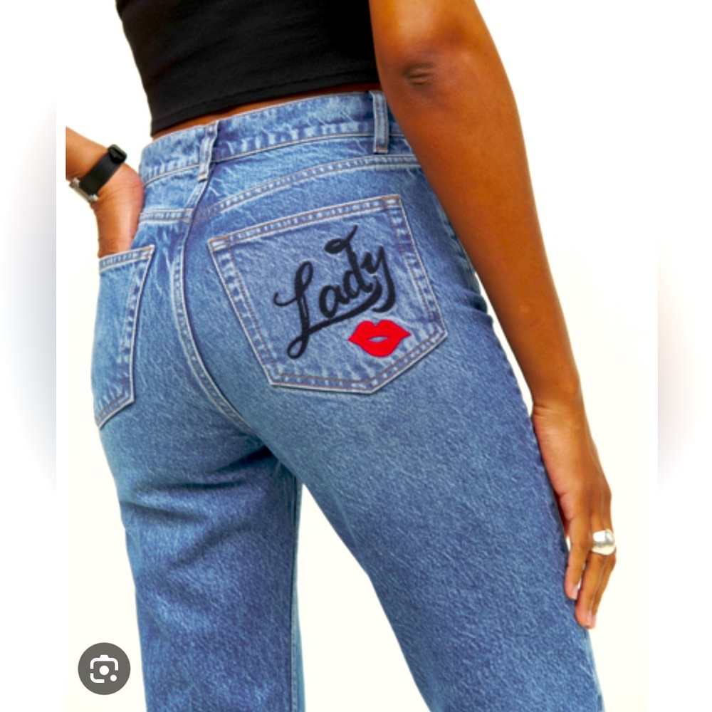 Reformation Cynthia high rise straight jeans with lady and heart embroidery